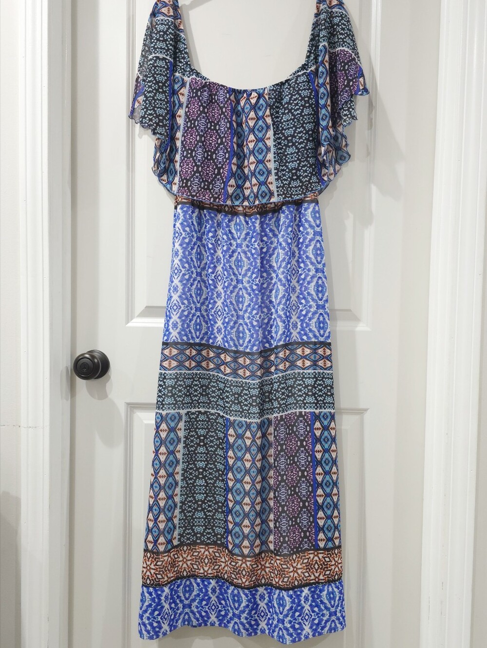 CHICOS Boho Off-Shoulder Patchwork Geometric Print Maxi Dress, Size 1, Medium - Picture 13 of 14
